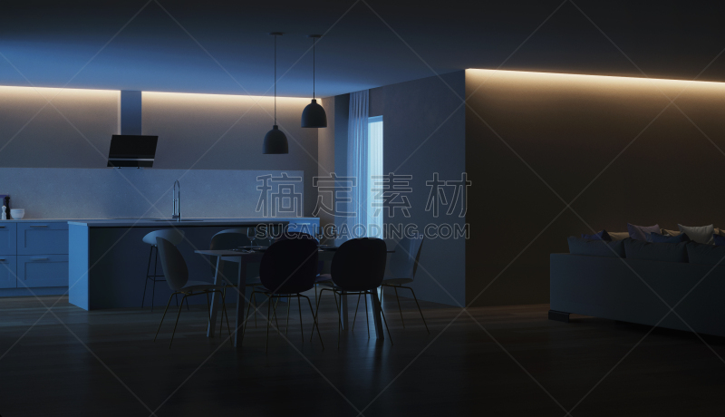 现代,三维图形,厨房,房屋,室内,蓝色,夜晚,抽油烟机,窗帘,舒服