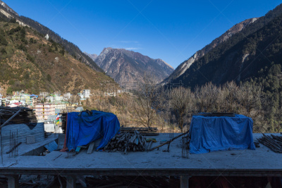 锡金,雪,早晨,北,印度,山,日光,小的,在上面,建筑工地