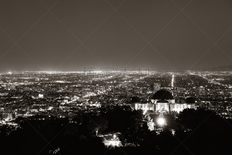 夜晚,洛杉矶,格里菲思公园天文台,美国,水平画幅,建筑,无人,全景,城市天际线,户外