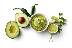绿酱,成分,白色背景,食品,分离着色,墨西哥食物,鳄梨,芫荽叶,酸橙,哈斯鳄梨