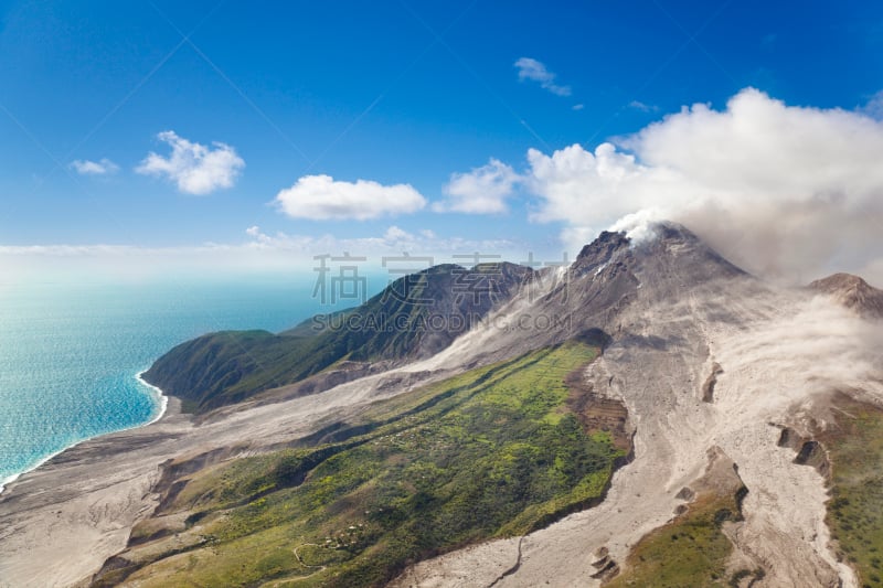 蒙特塞拉特,苏弗里埃尔火山,英属蒙塞拉特岛,火山碎屑流,加勒比海,火山,加勒比海地区,水,天空,草原