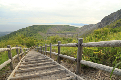 火山口,木制,楼梯,有珠山,北海道,天空,水平画幅,绿色,无人,日本