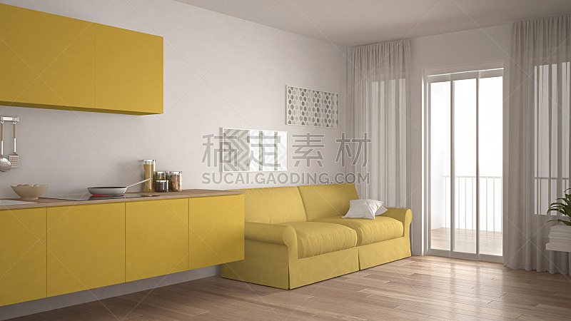沙发,白色,极简构图,镶花地板,斯堪的纳维亚人,木制,厨房,黄色,室内设计师,开放式设计
