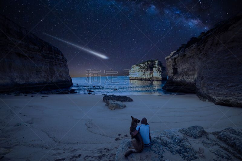 看,狗,银河系,男人,海滩,天空,星系,水平画幅,星星,夜晚