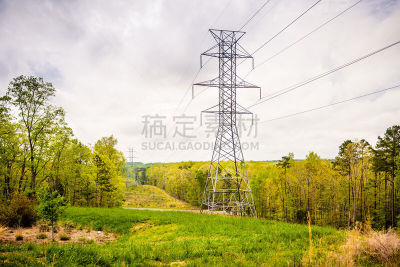 输电塔,电缆,天空,北卡罗来纳,水平画幅,能源,无人,户外,刀刃草,草类
