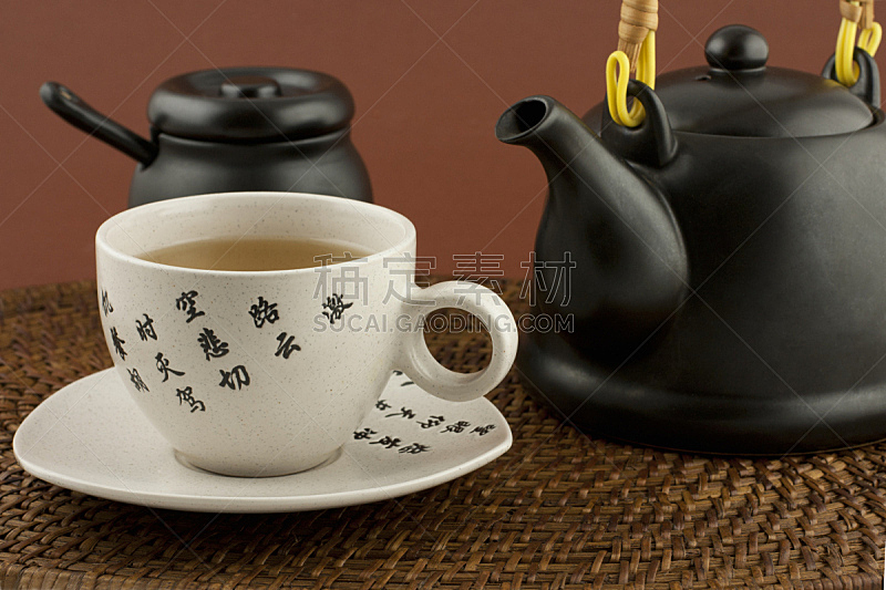 茶壶,静物,茶杯,半球形盘,糖罐,象形文字,水平画幅,木制,无人,饮料
