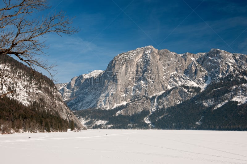 湖,山,全景,冻结的,萨尔茨卡默古特,偏振光,天空,留白,水平画幅,雪