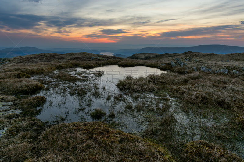 藓沼,水,早晨,山,黎明,在上面,乌兹渥特湖,坎伯兰山脉,英格兰湖区,日出