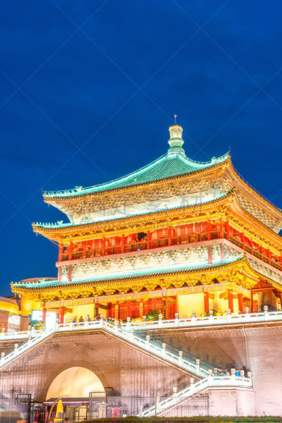 西安,钟楼,古代文明,铃,过时的,古典风格,垂直画幅,夜晚,符号,古老的