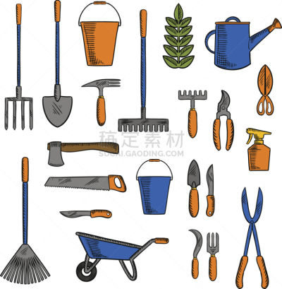 符号,园艺器具,多样,农业,草坪,独轮手推车,一个物体,大桶,耙子,喷壶