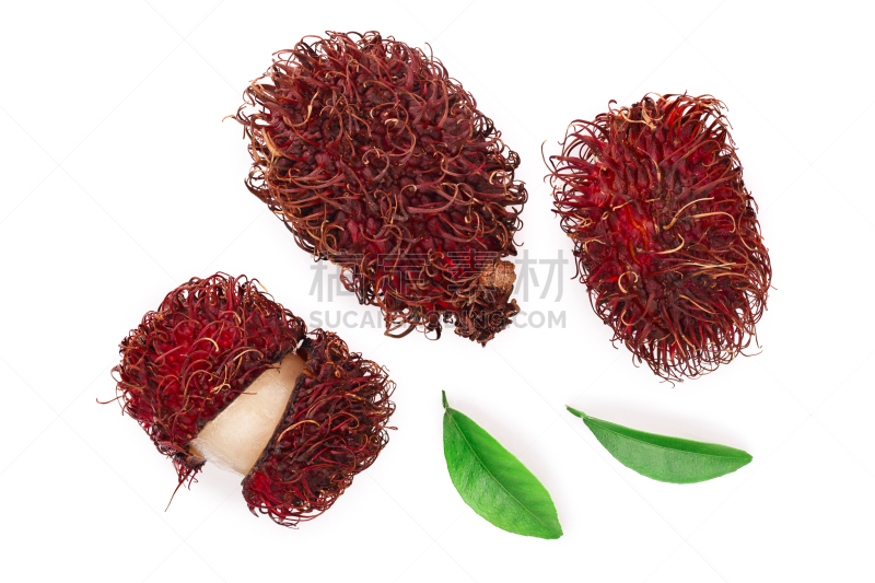 叶子,红毛丹,热带水果,分离着色,平铺,白色背景,白色,红色,生食,食品