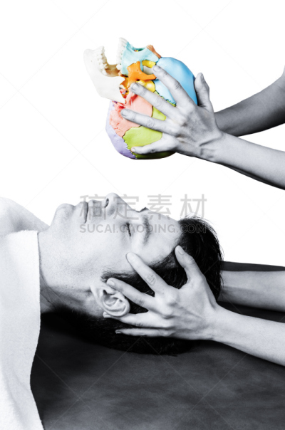 物理疗法,男人,辅导讲座,颅骨,健身房,白色背景,荐骨,病人,骶区,人头骨