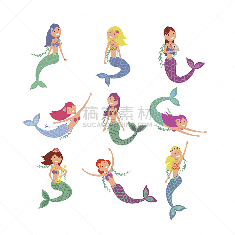 美人鱼,公主,性格,鱼类,矢量,可爱的,女孩,警笛,竖琴,尾巴