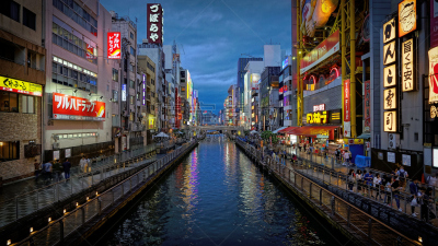 道顿堀,大板南波站,水平画幅,夜晚,运河,旅行者,户外,都市风景,现代,夜生活