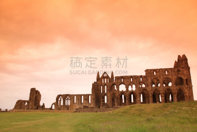 惠特比修道院,英国,城堡,惠特比市,本笃修道院教堂,教堂,水平画幅,无人,英格兰,建筑外部