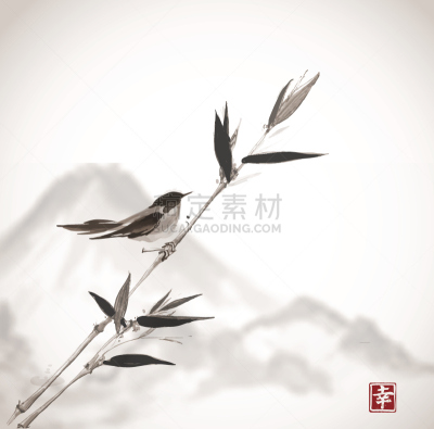 鸟类,山,枝,竹,富士山,烟灰墨,水墨画,无人,绘画插图,符号
