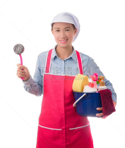 女佣,女人,幸福,拿着,大桶,充满的,家庭妇女,分离着色,设备用品,清洗