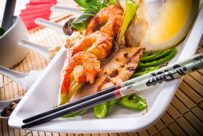 鱼类,蔬菜,虾,餐具,留白,胡瓜,水平画幅,素食,贻贝,烹调