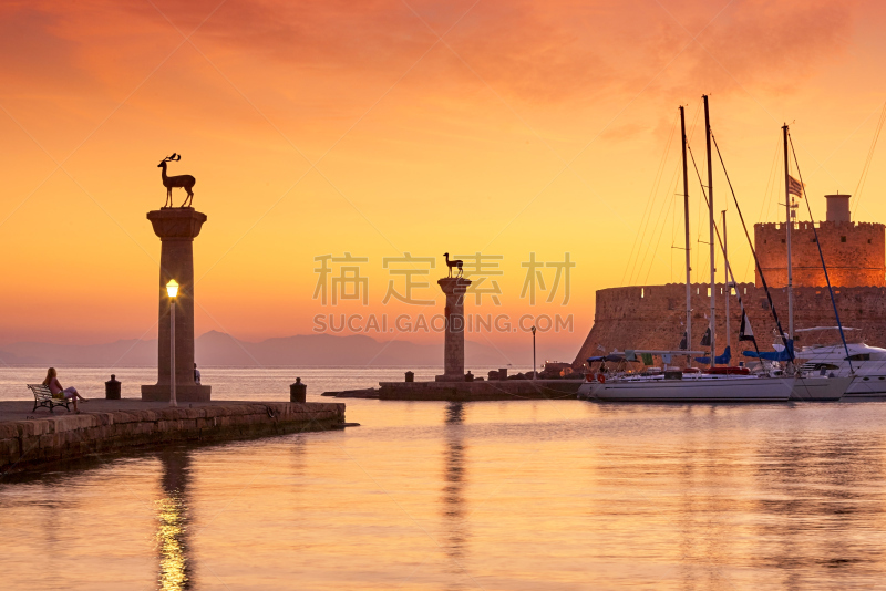 希腊,曼德拉奇海湾,罗德岛,天空,水平画幅,橙色,建筑,夜晚,无人,海港
