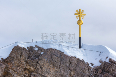 楚格峰,冬天,德国,阿尔卑斯山脉,山顶十字架,水平画幅,雪,无人,十字形,加米施帕腾基兴