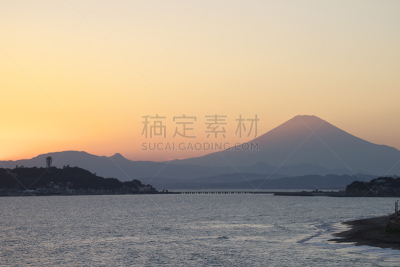 富士山,天空,旅游目的地,水平画幅,无人,日本,户外,镰仓市,海滩,相模湾