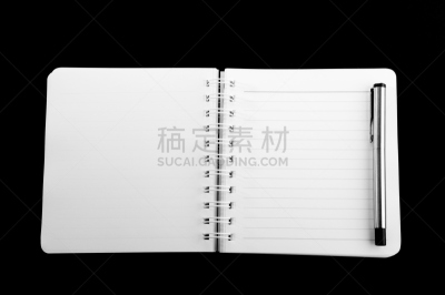 笔记本,水笔,办公用品,水平画幅,无人,书页,干净,日记,黑色背景,开着的