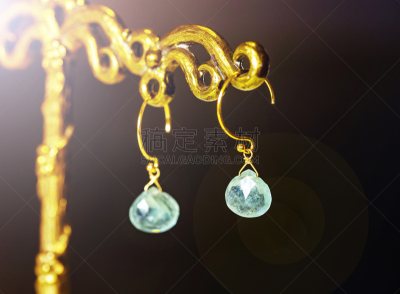 绿玉,黄金,耳饰,蓝色,黑色背景,古典式,珠宝,石材,光,明亮