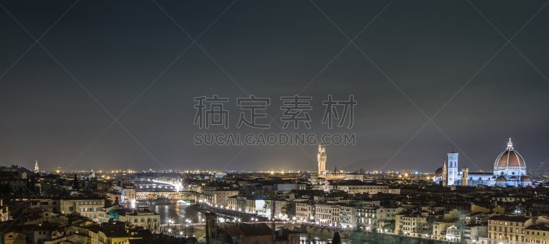 夜晚,佛罗伦萨,城市天际线,托斯卡纳区,意大利,维基奥桥,水平画幅,山,无人,过去