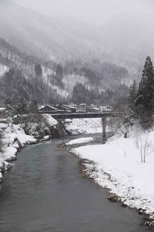 冬天,日本,白川乡,大井町,五箇山,垂直画幅,水,天空,里山,山