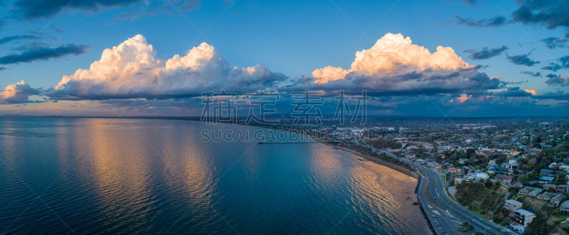 海岸线,全景,航拍视角,宽的,非凡的,海湾,自然美,海洋,在上面,日落