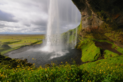岛,水,天空,美,seljalandsfoss waterfall,水平画幅,绿色,地形,瀑布,夏天