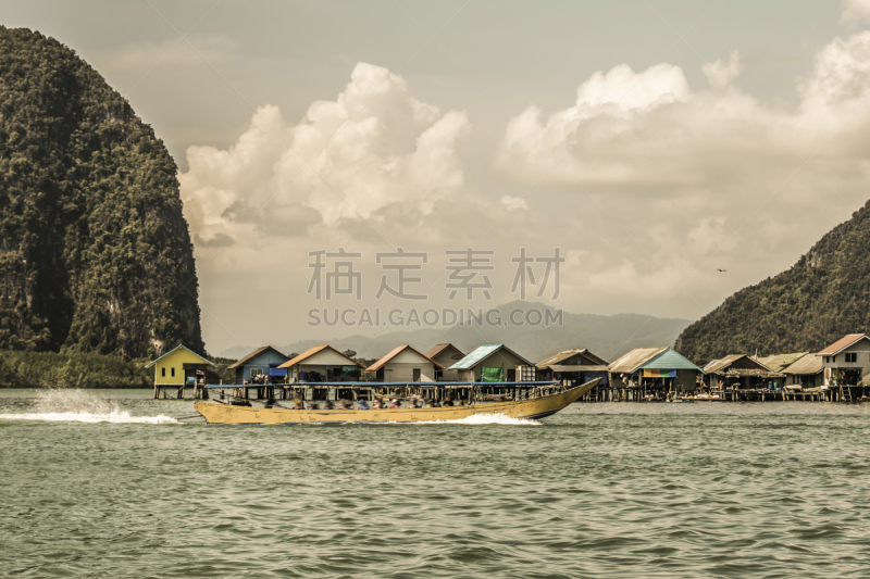 泰国,渔镇,海湾,攀牙府,水,天空,水平画幅,沙子,水上高脚屋,偏远的