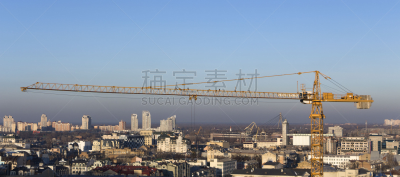 天空,建筑业,工业,起重机,蓝色,黄色,重的,提举,市区路,建筑设备