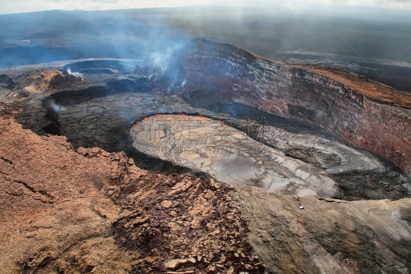 火山口,航拍视角,普乌欧火山口,熔岩湖,烟,湖,夏威夷大岛,雾,自然现象,地形