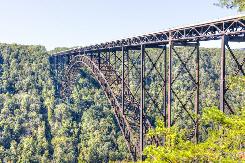 Overlook of West Virginia green mountains in spring, summer or autumn fall at New River Gorge Bridge with closeup of metal structure