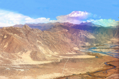 中国,河流,山谷,雅鲁藏布江,青藏高原,加德满都,天空,水平画幅,高视角,无人