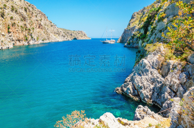 希腊,海洋,希腊诸岛,游艇,海湾,克里特岛,水平画幅,沙子,凯法劳尼亚,无人