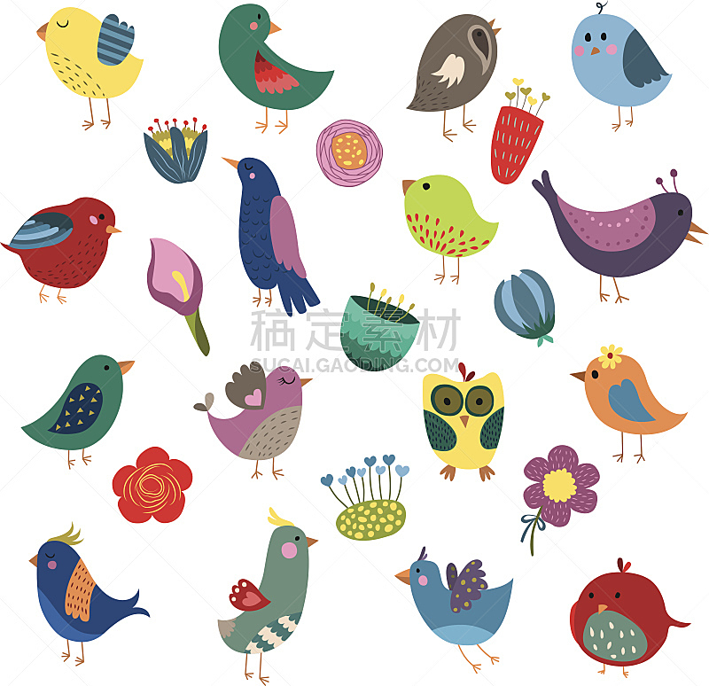 鸟类,矢量,可爱的,仅一朵花,部分,家庭,复古风格,古典式,动物,儿童