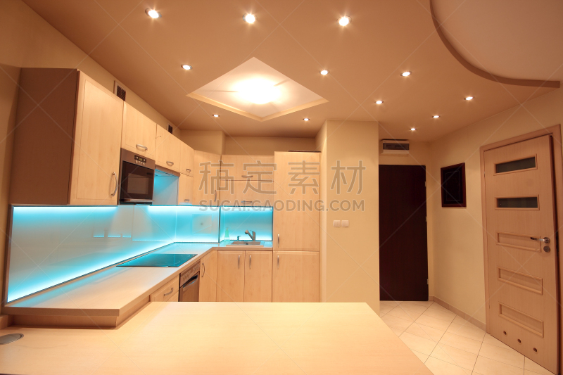 现代,蓝色,华贵,厨房,发光二级管,新的,水平画幅,无人,抽油烟机,玻璃
