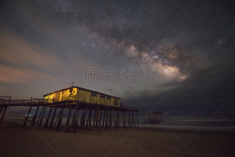 夜晚,损坏的,码头,弗里斯科,老马海滩,海特瑞斯角,外海岸,飓风,北卡罗来纳,水