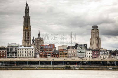 河流,城市天际线,安特卫普,水,天空,水平画幅,海港,古老的,旅行者
