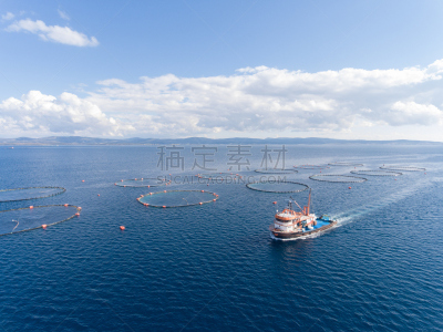 养鱼场,海洋,易接近性,水,水平画幅,无人,海产,无人机,渔船,希腊