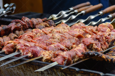 肉,串肉签,火盆,羊肉串,格子烤肉,水平画幅,生食,膳食,夏天,户外