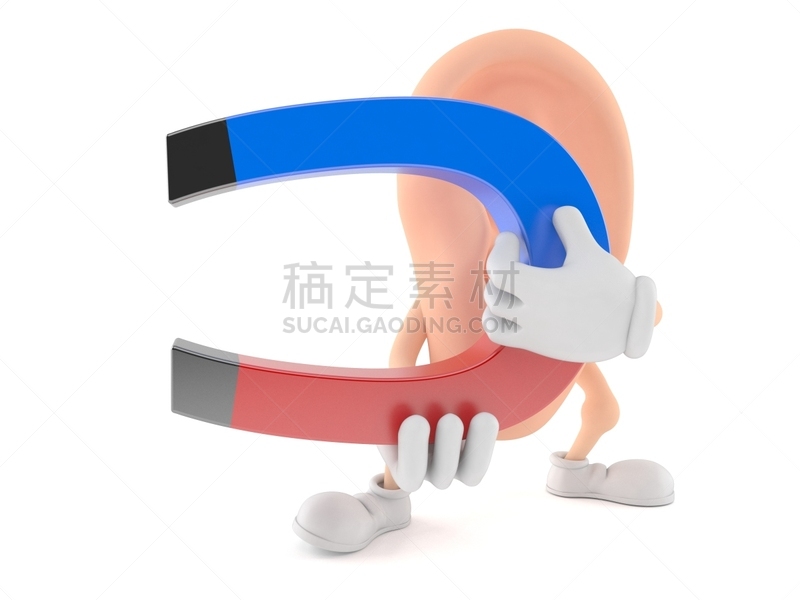 性格,人的耳朵,马蹄形磁铁,拿着,肺叶,白色背景,金属,背景分离,波兰,图像