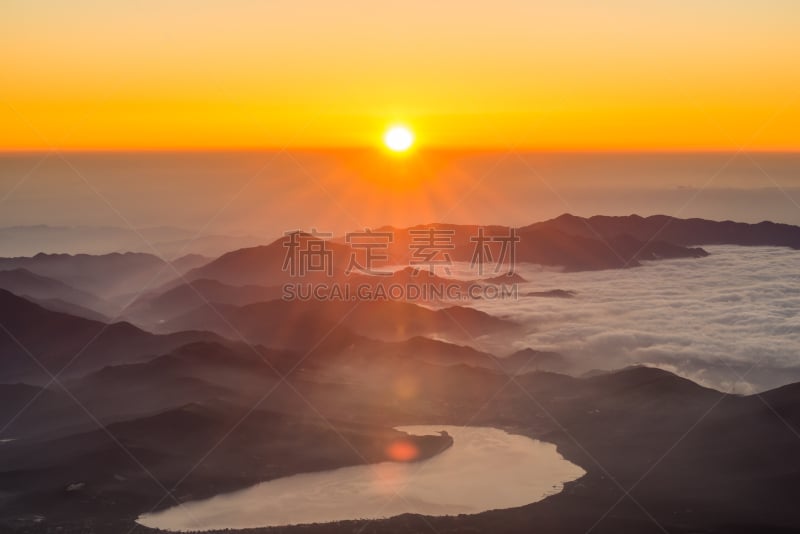 山,黎明,河口湖,富士山,灵性,水平画幅,形状,无人,墨水,早晨