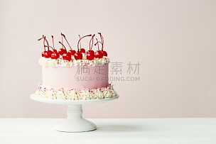 蛋糕,醉樱桃,华丽的,蛋糕台,樱桃,粉色,奶油淇淋,粉色背景,留白,水平画幅