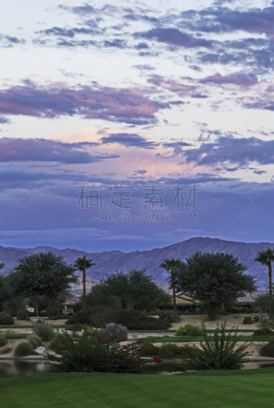 高尔夫球运动,印第欧,棕榈叶沙漠,棕榈泉,面向陆地,独立式住宅,垂直画幅,水,天空,山