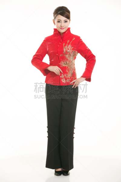 男招待,衣服,前面,白色背景,唐装,垂直画幅,欢迎标志,制服,想法,青年人