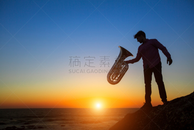 大号,音乐人,海洋,非凡的,岩石,海岸线,乐器,艺术家,风,艺术