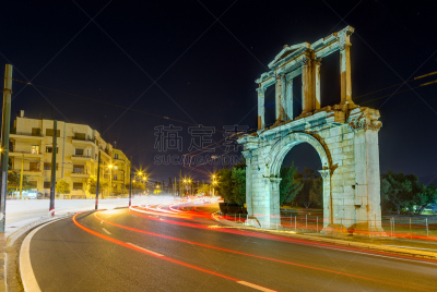 哈德良拱门,雅典,夜晚,希腊,雅典卫城,纪念碑,古代文明,水平画幅,无人,古老的